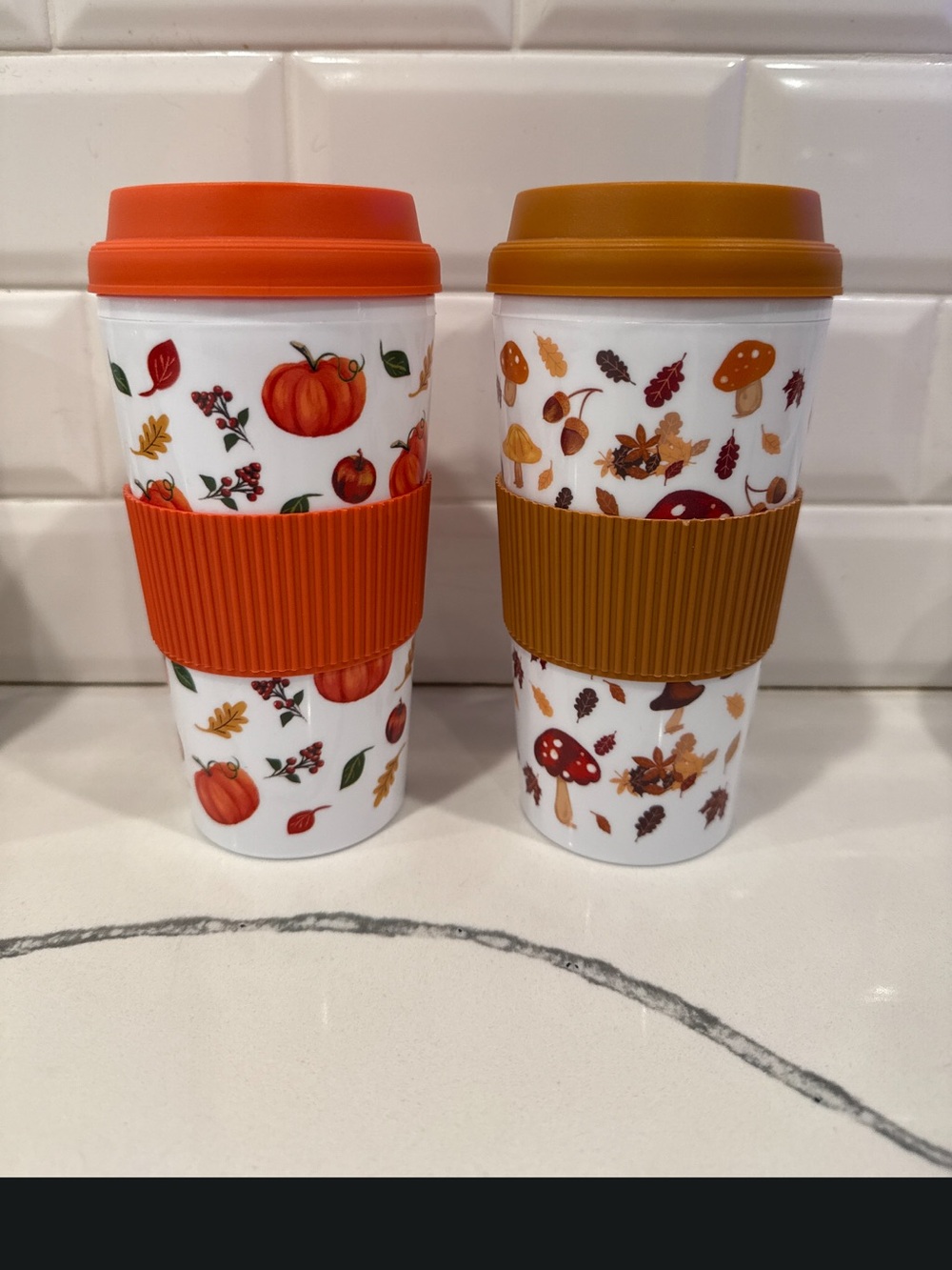Autumn Pumpkin & Mushroom Reusable Travel Cups with Orange and Mustard Sleeves